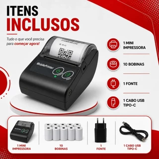 Mini Impressora Bluetooth Portatil Termica 58mm + 10 Bobinas Inclusas Delivery Nota Pedidos