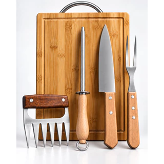 Kit 5 Peças de Churrasco Completo Faca Garfo Chaira Garra e Tábua de bambu com Sulco e Alça Inox