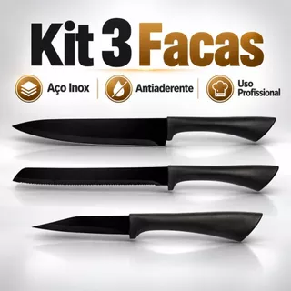 Kit de Facas Inox Preto 3 Peças Cozinha Churrasco Profissional Antiaderente Presente Dia dos Pais