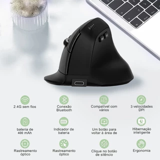 Mouse Sem Fio Wireless Recarregavel 2,4GHz Bluetooth Bateria Interna Ergonômico