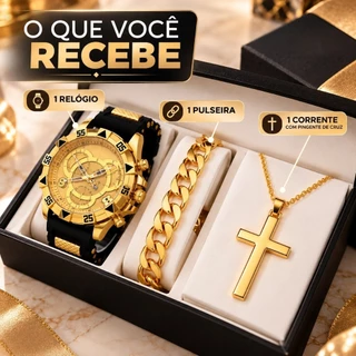 Kit Relogio Masculino Banhado Original + Colar com Cruz + Pulseira Premium