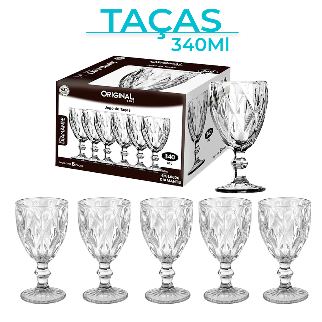 Jogo Taças Vidro Diamond Bico Conjunto Taça Para Água Vinho Tinto Suco Diamante