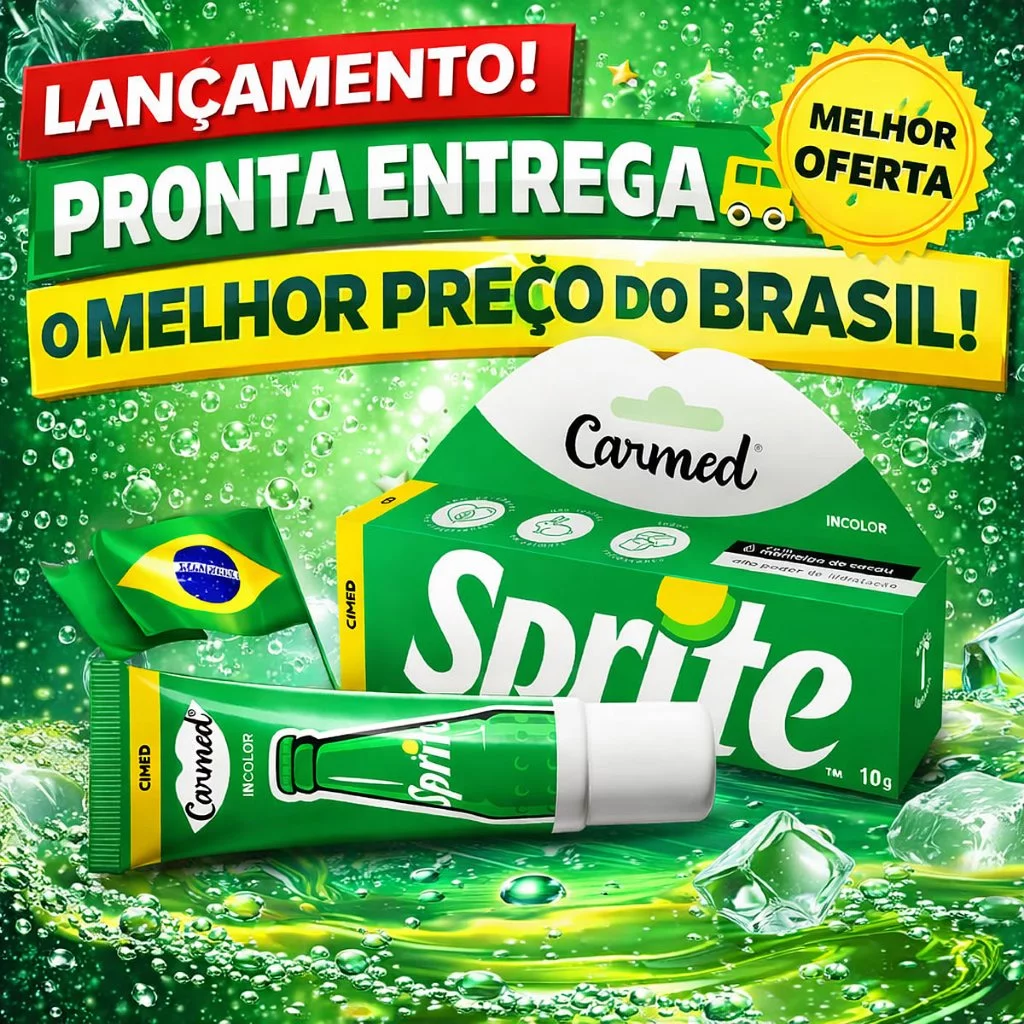 Embalagem do hidratante labial Carmed sabor Sprite com fundo verde e bolhas