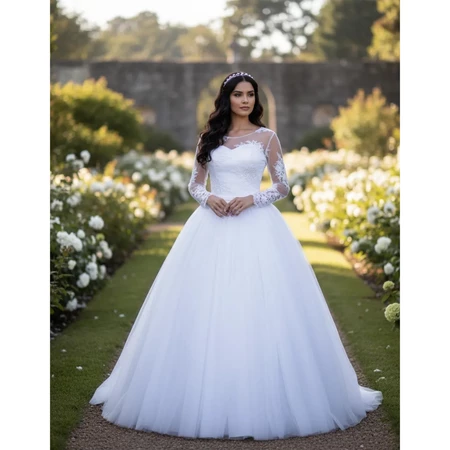 Vestido De Noiva Ou 15 Anos Modelo Princesa Com Manga Em Renda Bordada De Pedraria