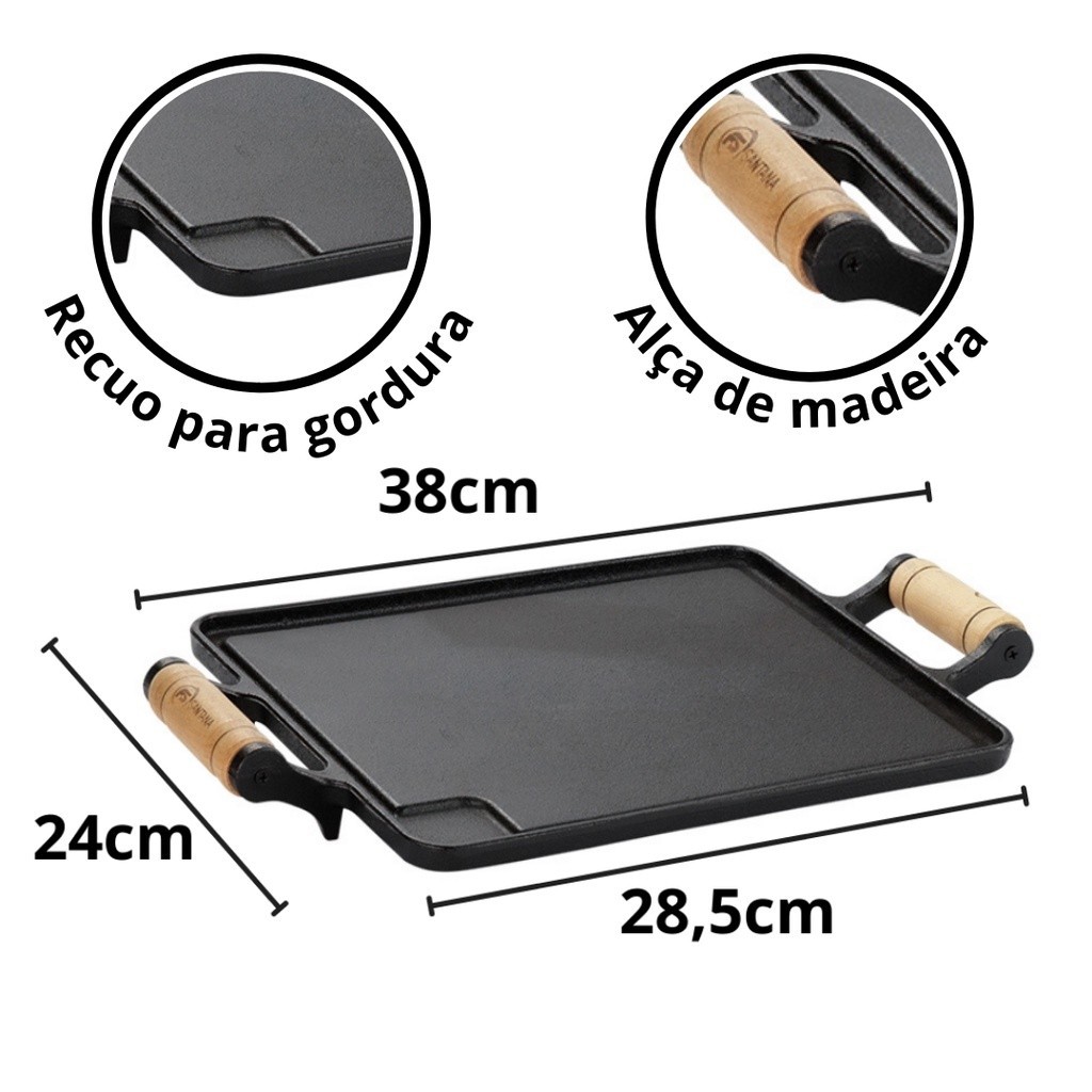 Chapa De Ferro Fundido Bifeteira Com 2 Alças De Madeira 38x2