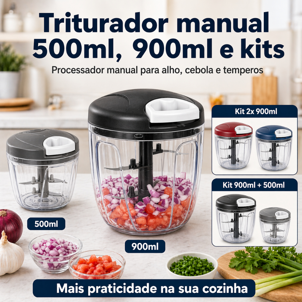 Triturador Manual Alimentos 500ml e 900ml 5 Lâminas Inox Pro