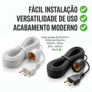 Soquete Com Rabicho Extensor Bivolt 110v/220v 10A Para Tomada Lâmpada Rosqueavel | Vários Tamanhos