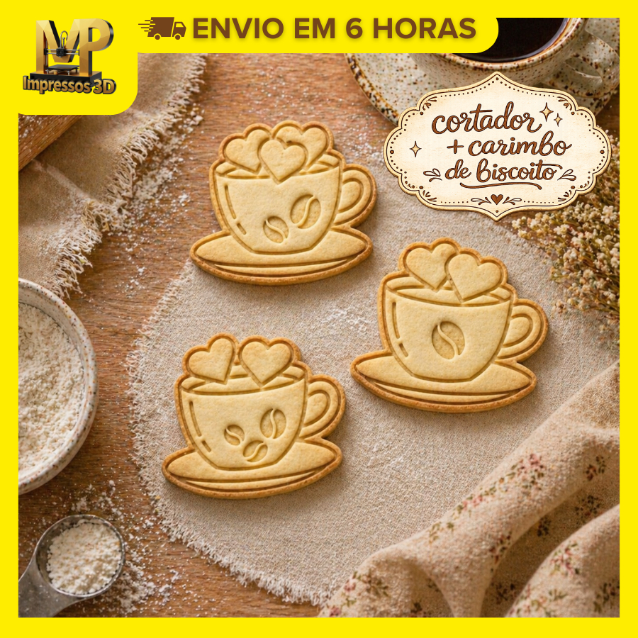 Cortador de Biscoito Xícara Café com Carimbo 3D 4,8 cm | Mol