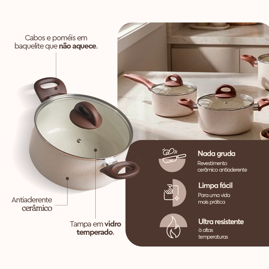 Jogo de Panelas Brinox De Indução Ceramic Life Granada 5 Peças