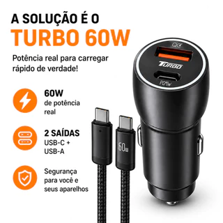 Kit Carregador Veicular Turbo 60W PD + USB-C Com Cabo Tipo-C Compatível Com Android e iPhone