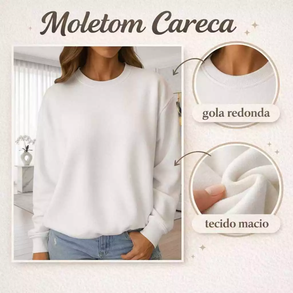 Infográfico destacando a gola redonda e a textura macia do tecido do moletom