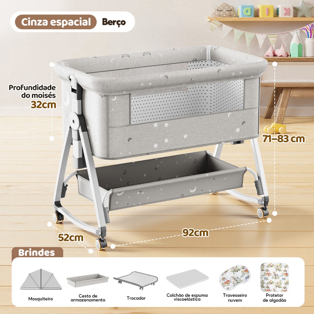 Kiumo Berço Bebê Portátil Multifuncional Moisés Co-Leito Co