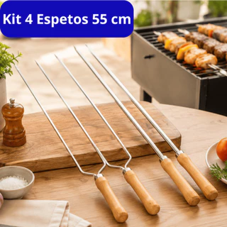 4 Espetos para Churrasco Kit 55 cm Duplo E Simples Cabo de Madeira Churrasqueiro Aço Cromado Oferta
