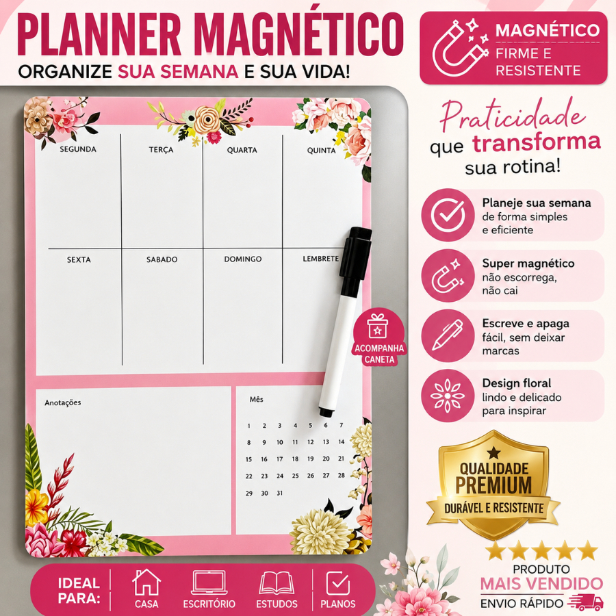 Planner Magnético Imã Geladeira Porta Recados Anotação Semanal Mensal Lousa Caneta Escreve e Apaga