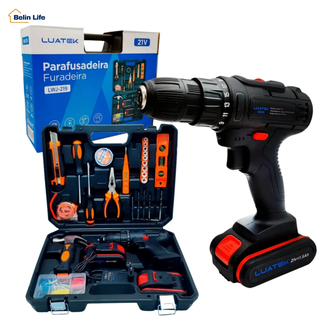 Kit Furadeira Parafusadeira Sem Fio 21V com Jogo de Ferramentas e