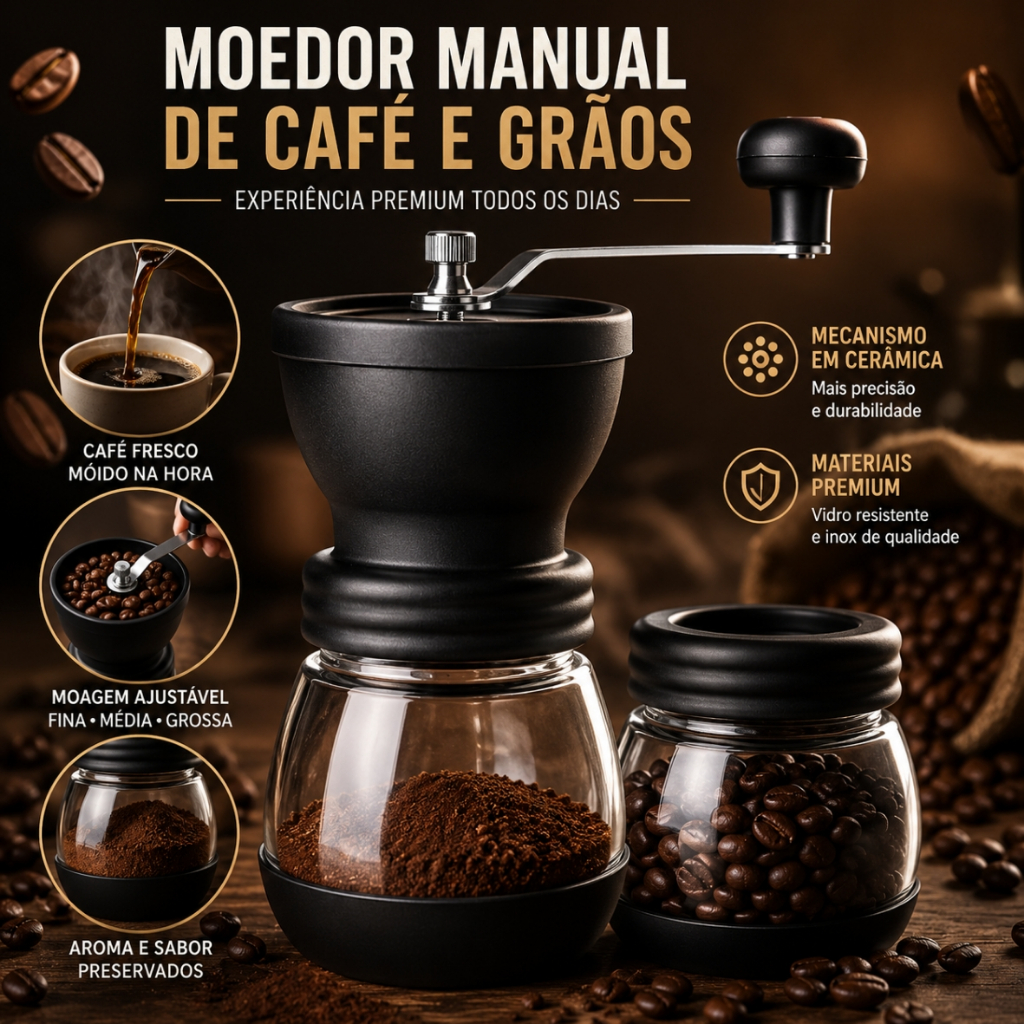 Moedor de Grãos de Café Manual com Recipiente de Vidro e Lâm