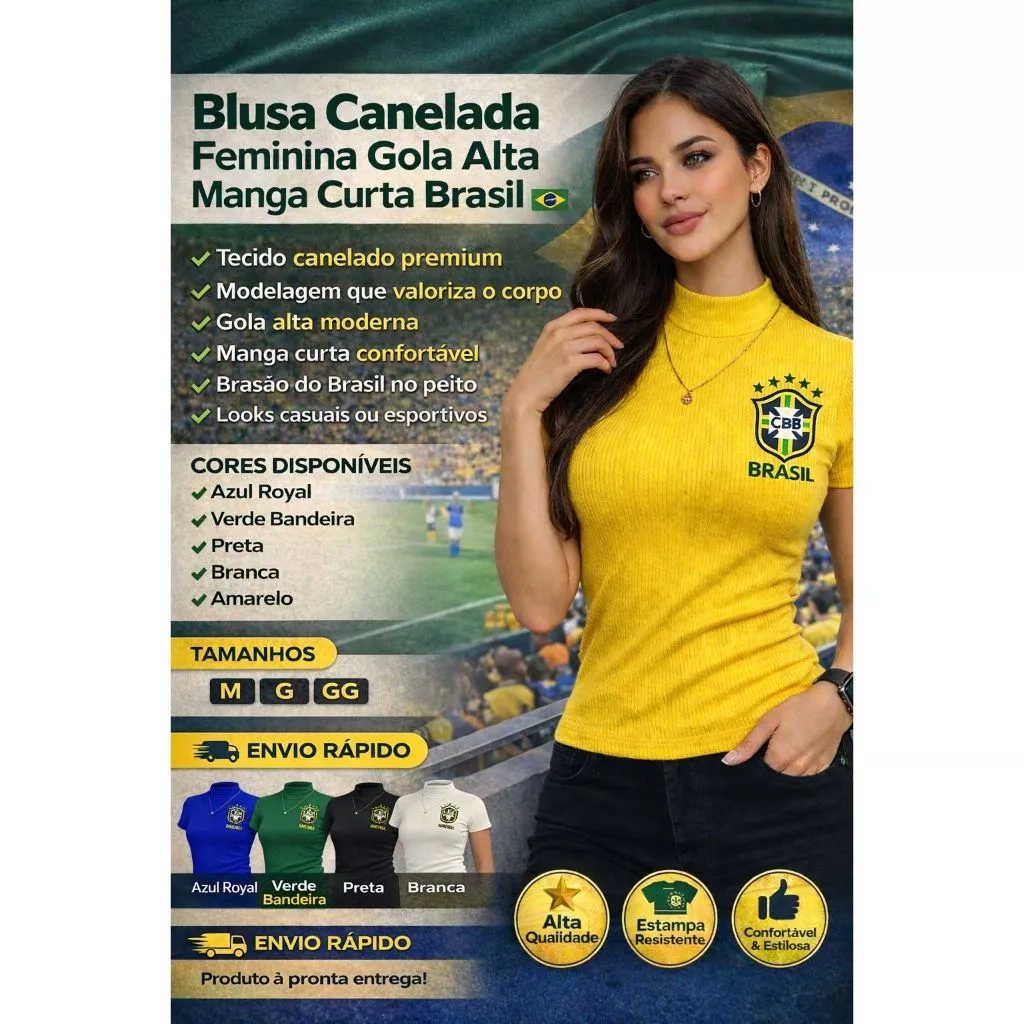 Mulher usando uma blusa canelada amarela com gola alta, manga curta e estampa do Brasil. Ao lado, uma lista de características, cores disponíveis e tamanhos.
