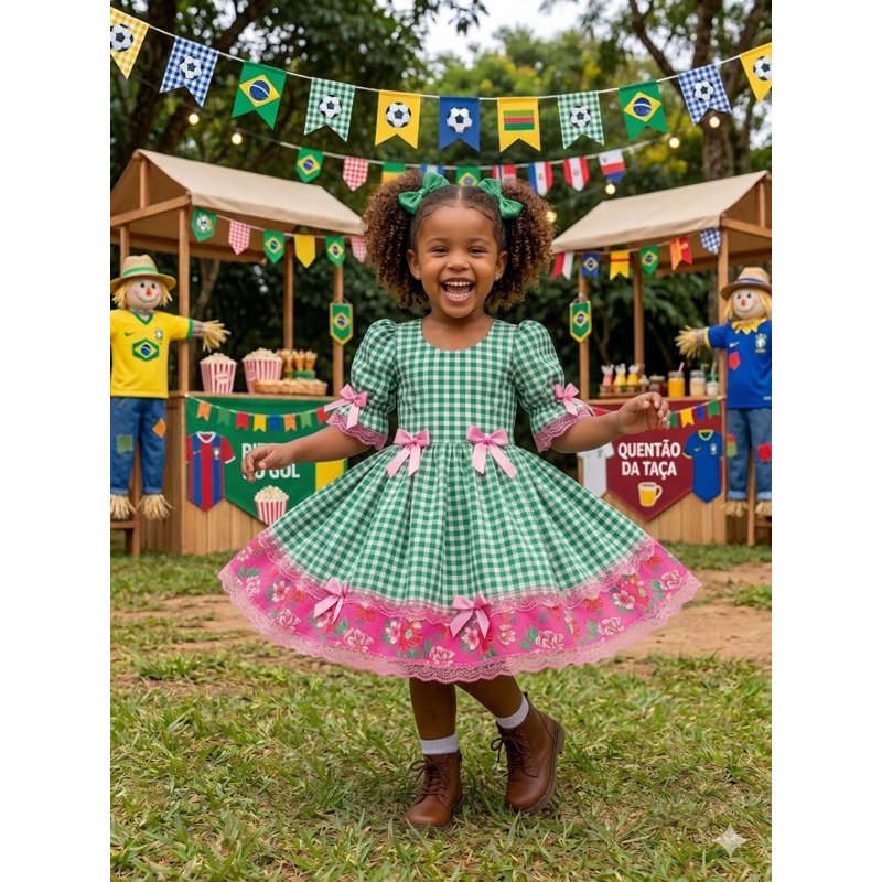 Vestido Infantil Festa Junina Xadrez Verde Copa do Mundo Brasil Barra ...