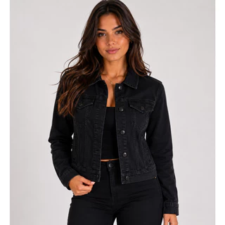 JAQUETA JEANS PRETA COM BARRA LINHA PREMIU