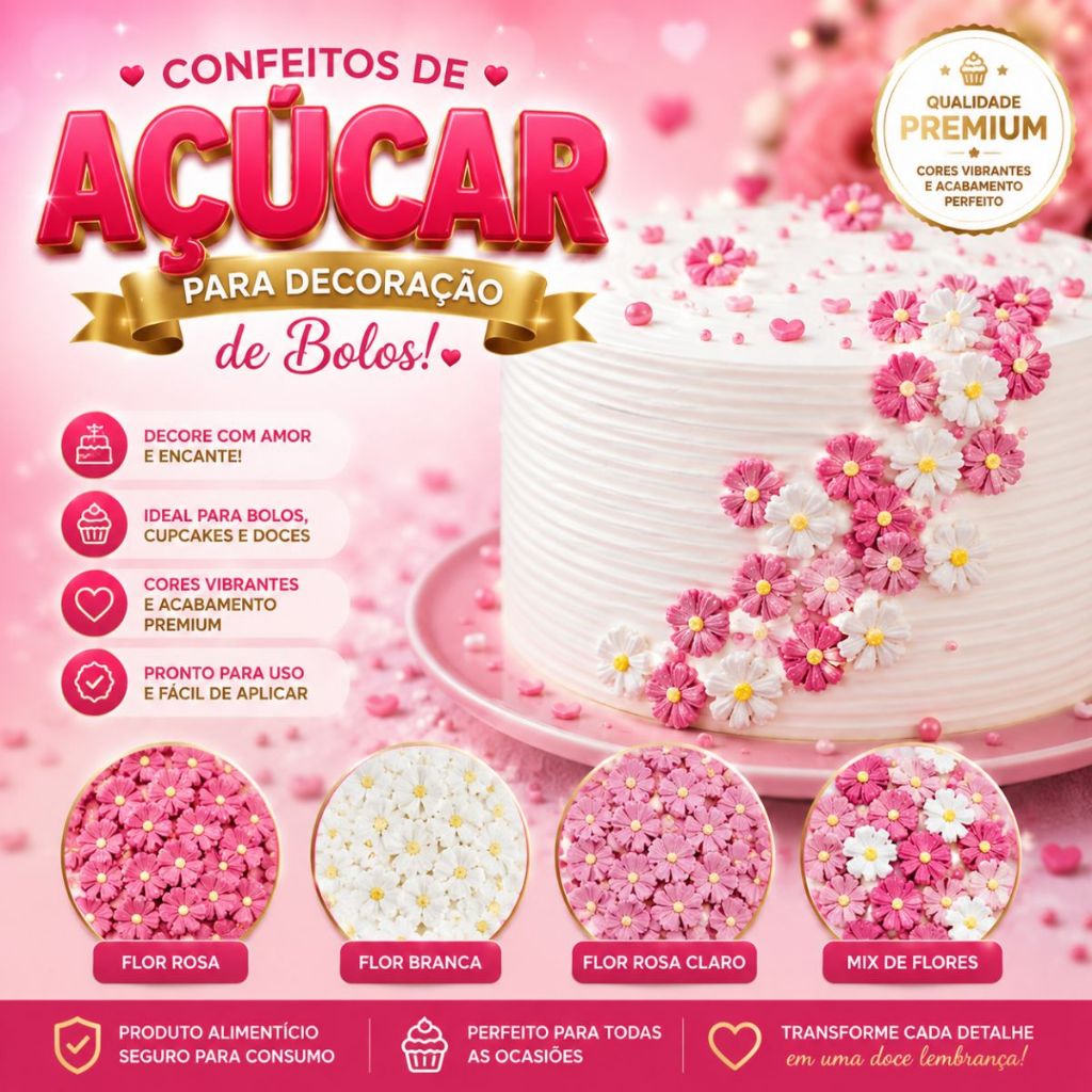 Confeitos de Açúcar Sprinkles Flores Margaridas Cactus Artes