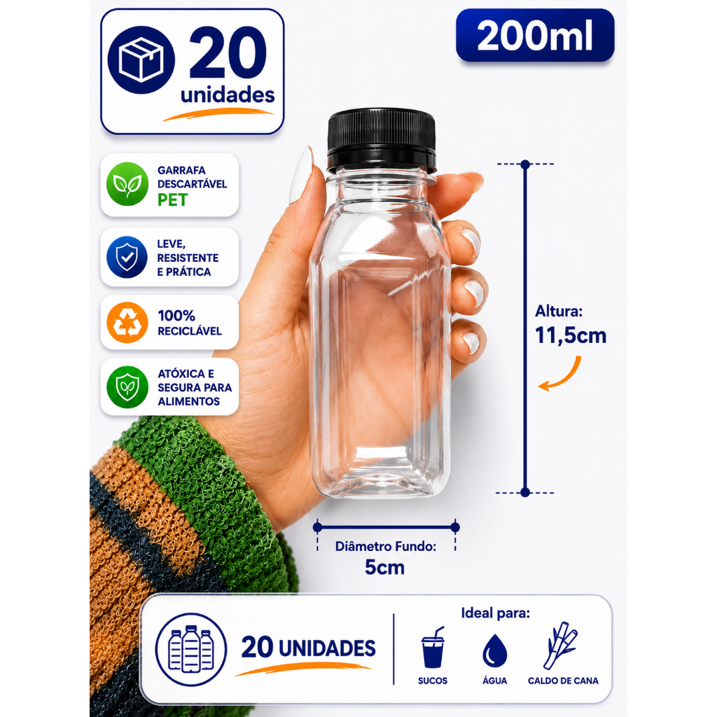 20 und Garrafa PET 200ml Transparente com Tampa para Bebidas Suco Açai ...