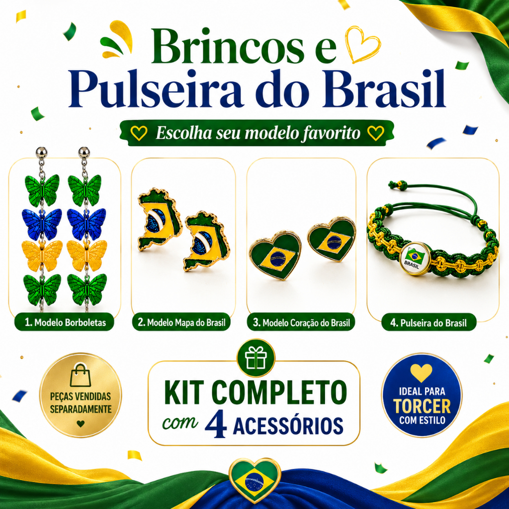 Brinco Borboleta Copa Torcida Kit Verde Amarelo Feminino Seleção Copa Brasil
