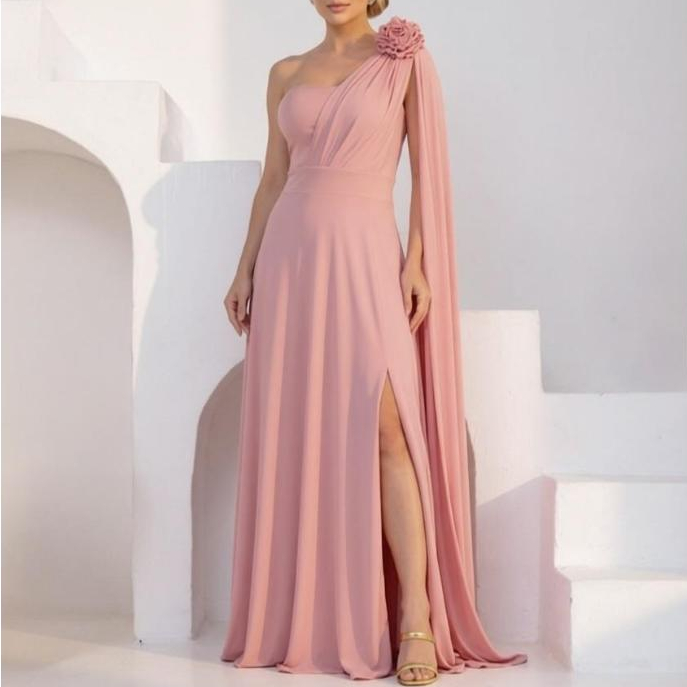 Vestido Longo Festa Casamento Madrinha Fenda Lateral Elegante Rose Oliva Detalhe em Flor