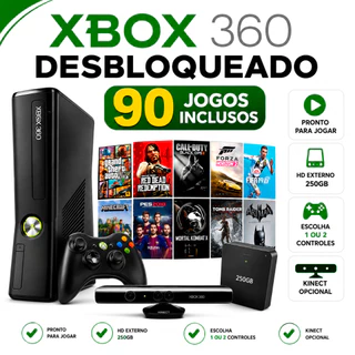 Console Xbox 360 Super Slim Preto + 90 Jogos + Controle + Kinect + Gta5 + Fifa 19 + Minecraft