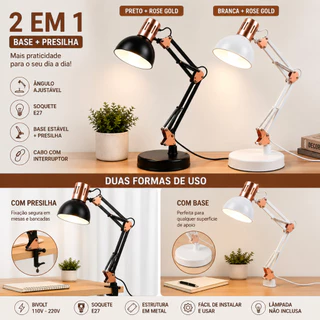 Luminária Estilo Pixar Articulada 2 em 1 com Base e Garra E27 – Rose Gold, Preta ou Branca