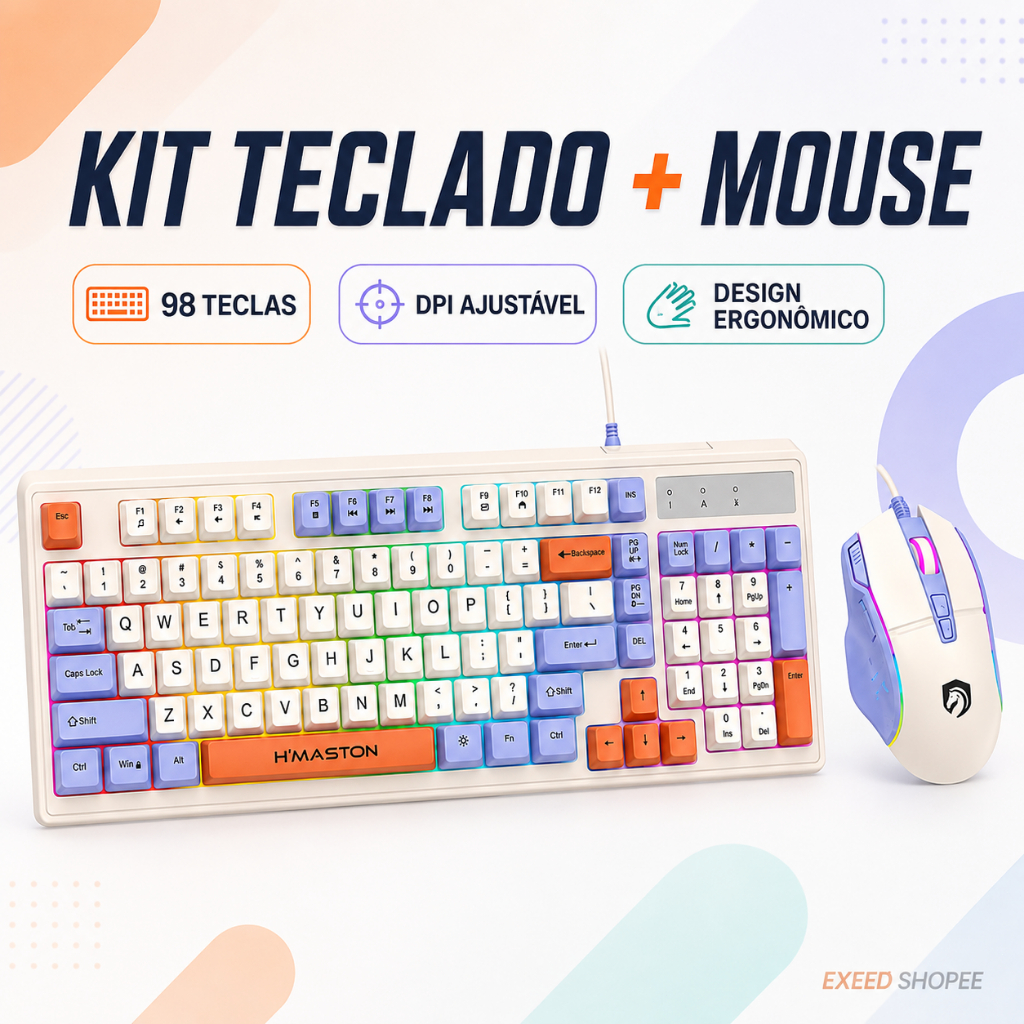 Kit Teclado e Mouse Gamer com Fio 98 Teclas com Numérico, Iluminação ...