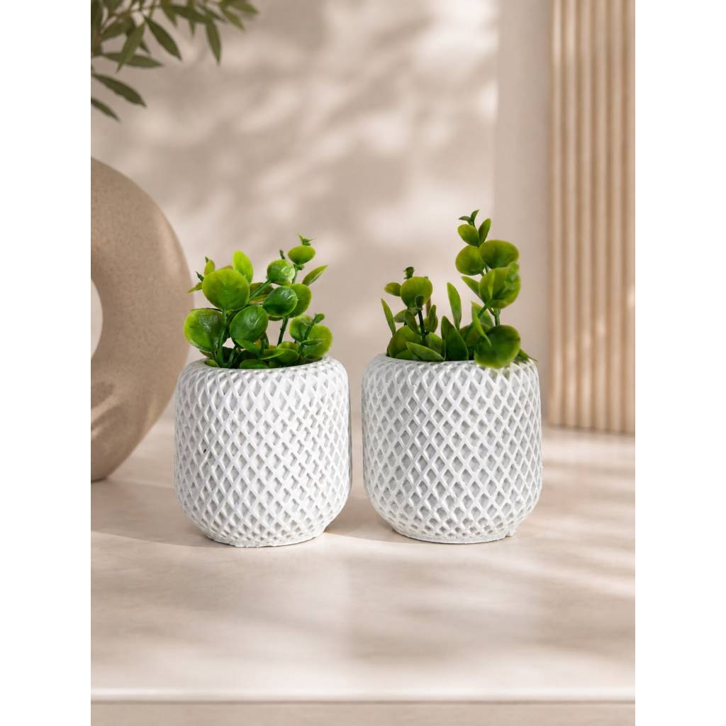 Kit 2 Vasos Decorativos de Gesso com Plantas Artificiais – Decoração Elegante para Casa