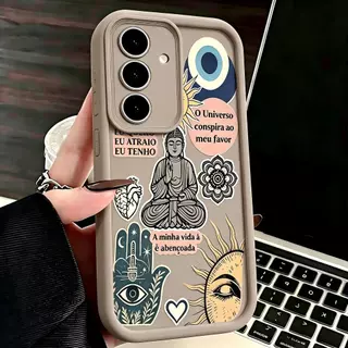 Capa anti‑queda proteção lente Samsung A15,A17,A07,A25,A26,A35,A34,A05S,A13,A14, estilo adesivo boêmio Buda meditando