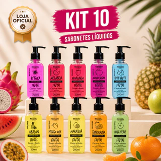 Kit com 10 Sabonete Líquido Rhenuks 200ml Corpo e Rosto Linha Frutas Fragrâncias Corporal Banho Premium