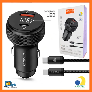 Kit Carregador Veicular + Cabo 60W Turbo PD Com Visor LED 9.1A Tipo-C E USB QC4.0 A'Gold Para Android E IPhone