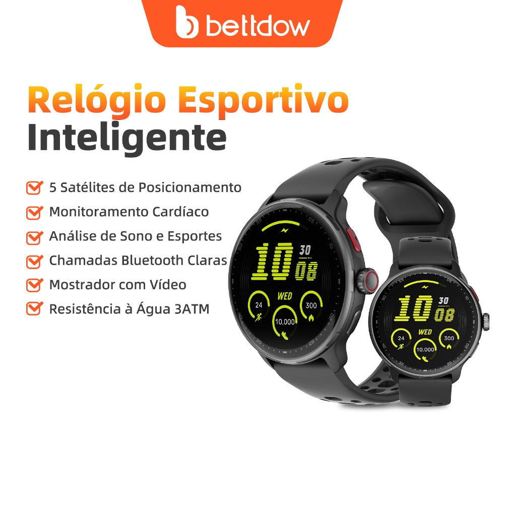Smartwatch GPS BETTDOW com aplicativo de IA integrado, 100 modos esportivos, resistência à água de 3 ATM e tela AMOLED