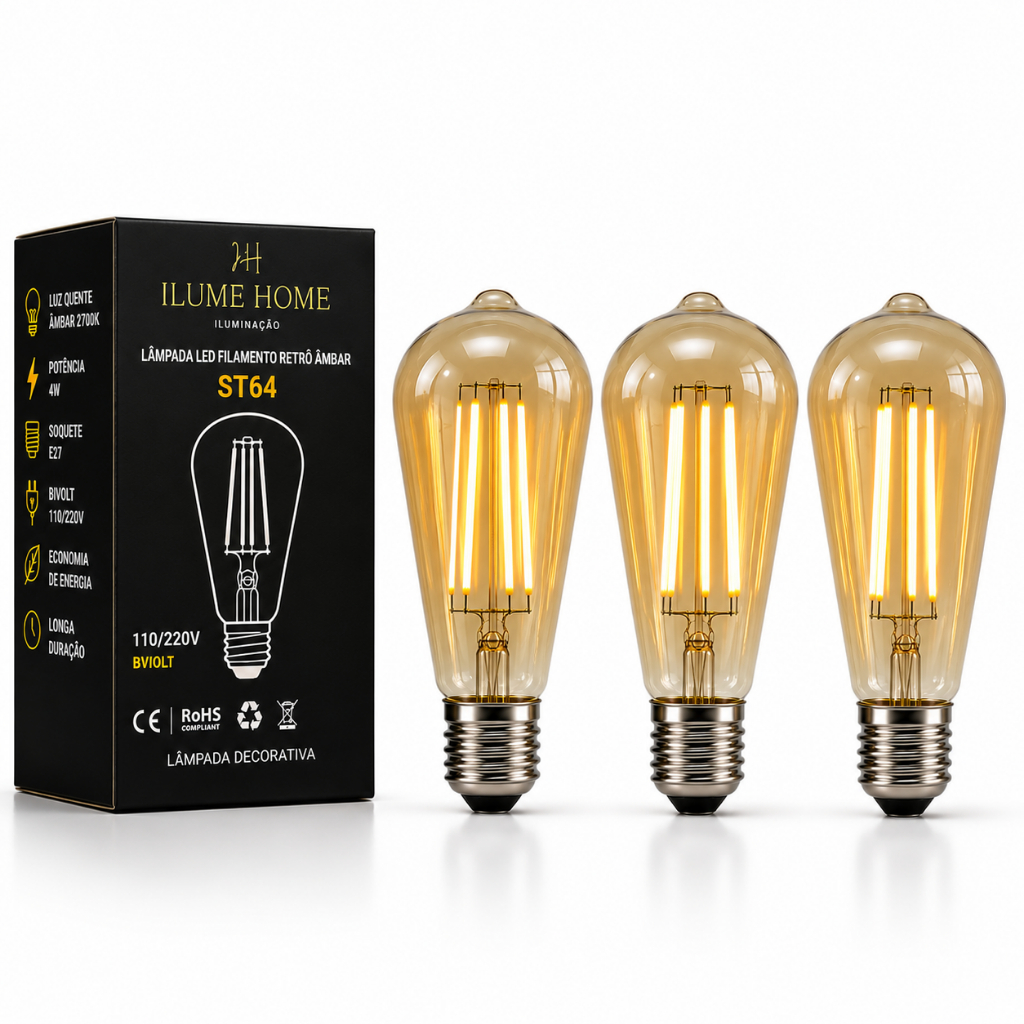 Kit 3 Lâmpada Led St64 Filamento 4w 2700k E27 Retrô Vintage Ilume ...