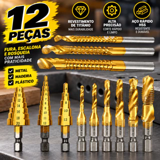 Kit 12 Peças Brocas de Titânio HSS Escalonada e Broca de Rosca para Metal Madeira Plástico com Punção Automático