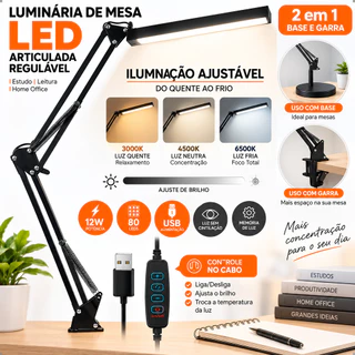Luminária de Mesa LED Articulada Garra Regulável USB 12W 80LEDs 3000-6500K Base Plástico Para Estudo Home Office