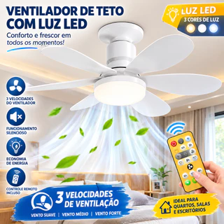Ventilador de Teto com Luminária LED e Controle Remoto Silencioso para Quarto e Sala