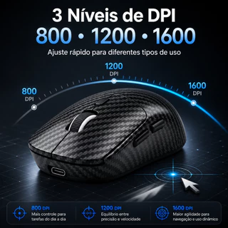 Mouse Gamer Sem Fio Bluetooth 5.4 e 2.4G, DPI 800/1200/1600, Botões Laterais e Carregamento USB-C