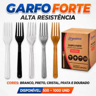 Garfo Forte Descartável Reforçado 500~1000 Unidades Cristal Branco Preto Prata Dourado
