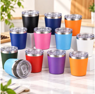Copo Térmico Inox 260ml Reutilizável com Tampa Transparente para Leite e Bebidas, Ideal para Carro