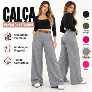 Calça Pantalona Feminina Wide Leg Cintura Alta com Bolsos Laterais, Caimento Solto e Confortável para o Dia a Dia