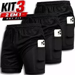 Kit 3 Shorts 2 em 1 Dryfit Masculino Academia Corrida Treino Bermuda comprime Seca Rápida Confortável Fitnes