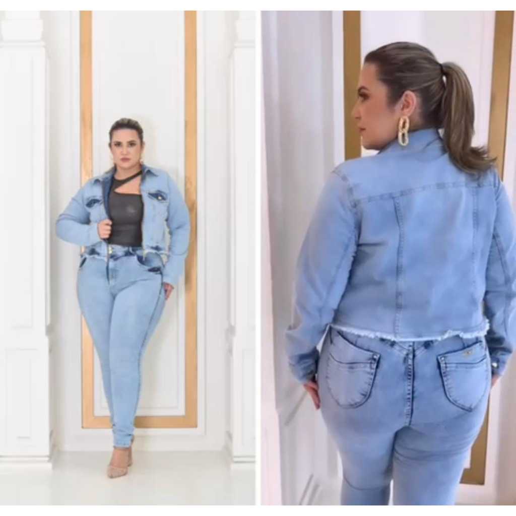 PLUS SIZE Jaqueta Cropped Jeans Feminina Com Lycra Curta Linha