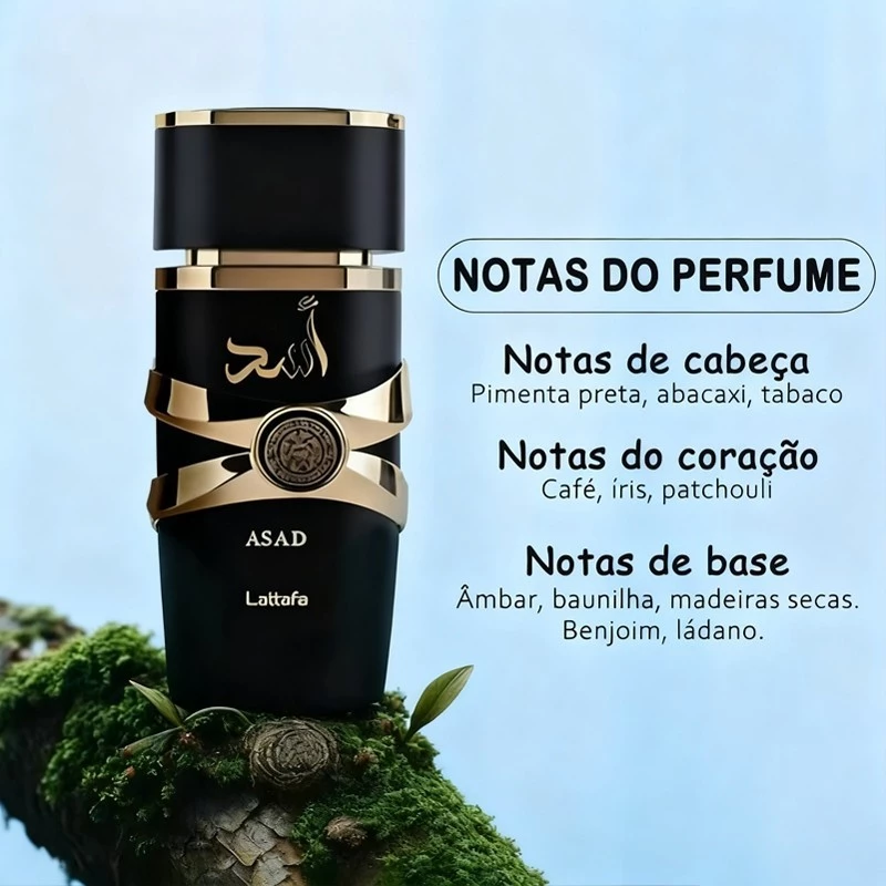 Infográfico exibindo as notas de cabeça, coração e base do perfume Lattafa Asad sobre fundo de céu azul