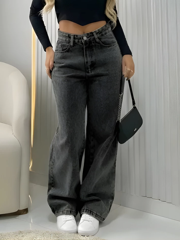 Calça Cargo Feminina Jeans Bolso Lateral Wid Leg 34 ao 44 Pantalona Cintura Alta