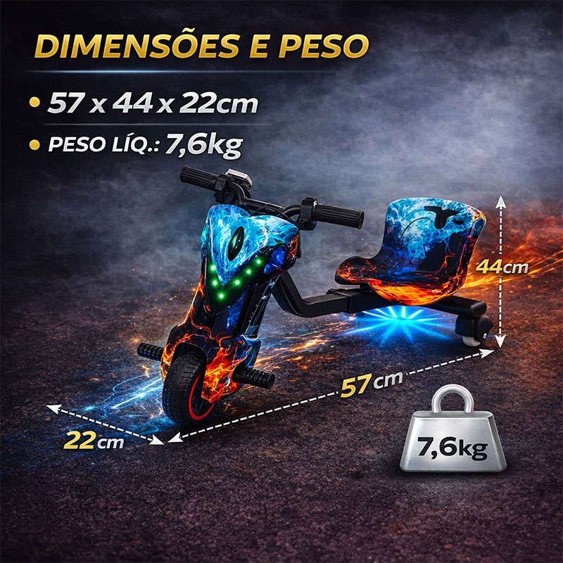 VYRON Triciclo Elétrico Drift 8” 36V 250W com Bluetooth /Led