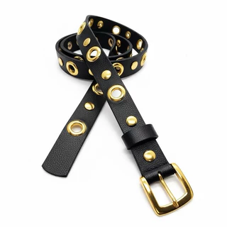 Cintos Femininos Couro Sintético Punk Rock Com Ilhós 45 Dourado + Rebite Dourado Moda Elegante - Sol