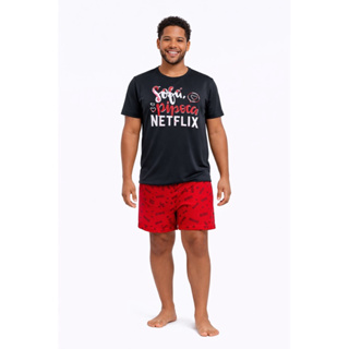Pijama Meia Manga Adulto Masculino Estampado Curto Verão Netflix Malha em Oferta na Shopee